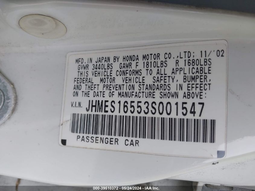 2003 Honda Civic Lx VIN: JHMES16553S001547 Lot: 39510372