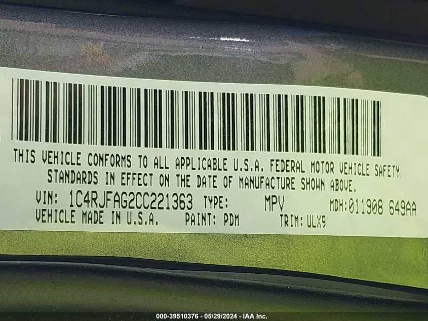 2012 Jeep Grand Cherokee Laredo VIN: 1C4RJFAG2CC221363 Lot: 39510376