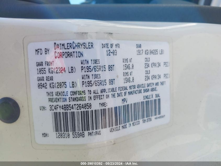 2004 Chrysler Pt Cruiser VIN: 3C4FY48B54T264050 Lot: 39510392