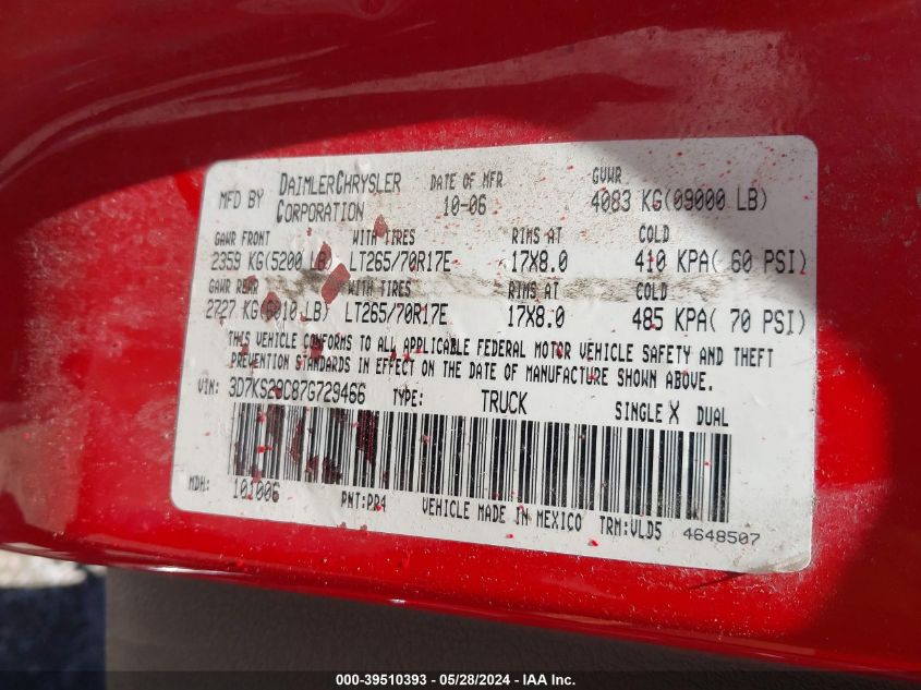 2007 Dodge Ram 2500 Laramie VIN: 3D7KS29C87G729466 Lot: 39510393