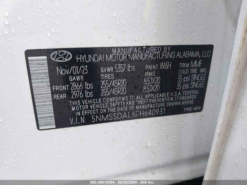 2023 Hyundai Santa Fe Calligraphy VIN: 5NMS5DAL6PH640931 Lot: 39510394