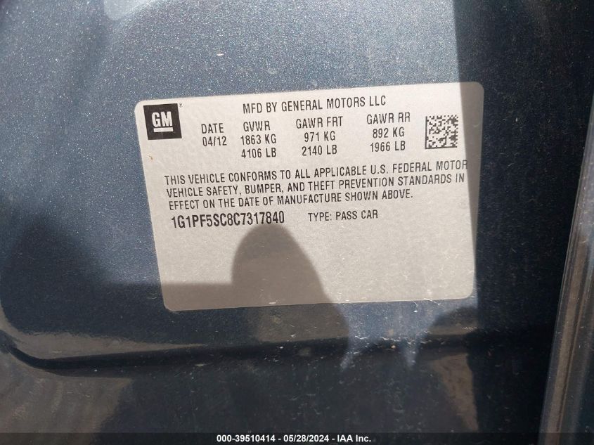 2012 Chevrolet Cruze 1Lt VIN: 1G1PF5SC8C7317840 Lot: 39510414