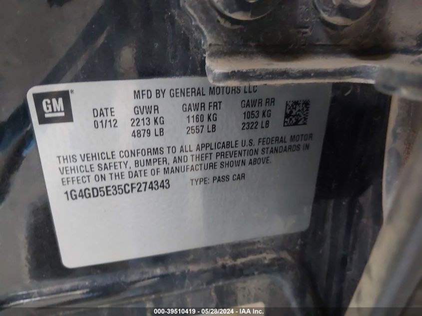 2012 Buick Lacrosse Premium VIN: 1G4GD5E35CF274343 Lot: 39510419