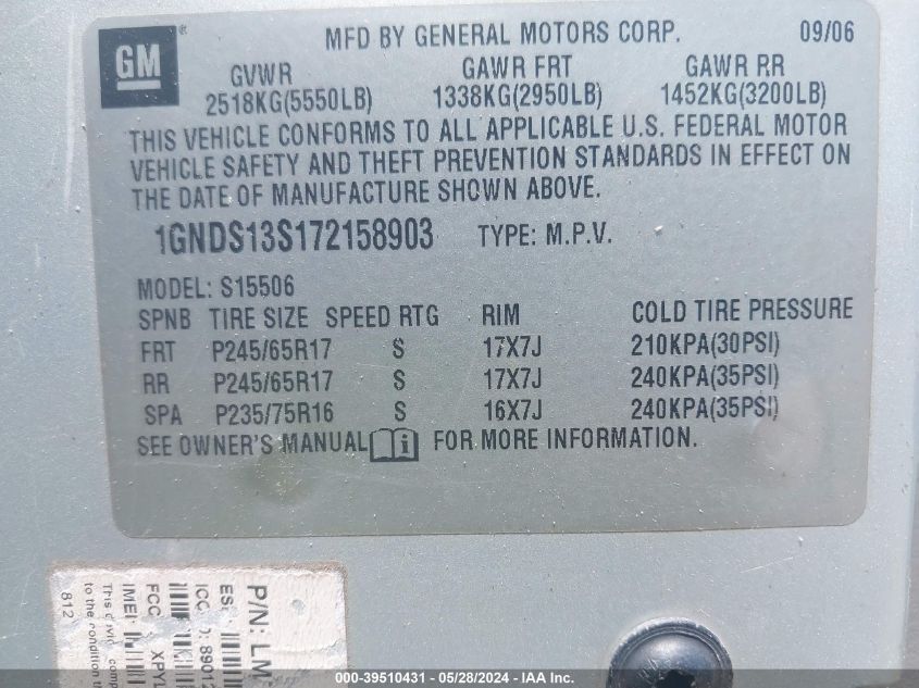 2007 Chevrolet Trailblazer Ls VIN: 1GNDS13S172158903 Lot: 39510431