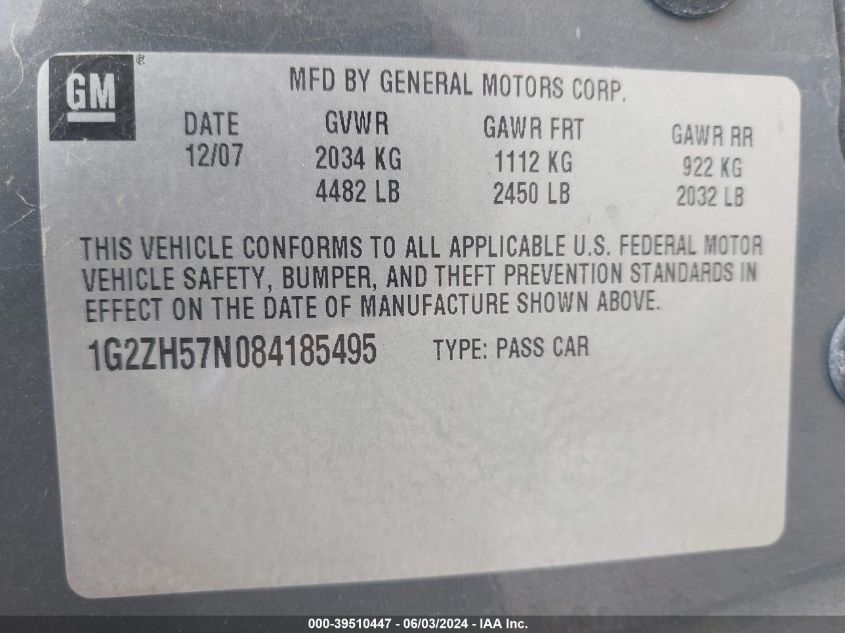 2008 Pontiac G6 Gt VIN: 1G2ZH57N084185495 Lot: 39510447