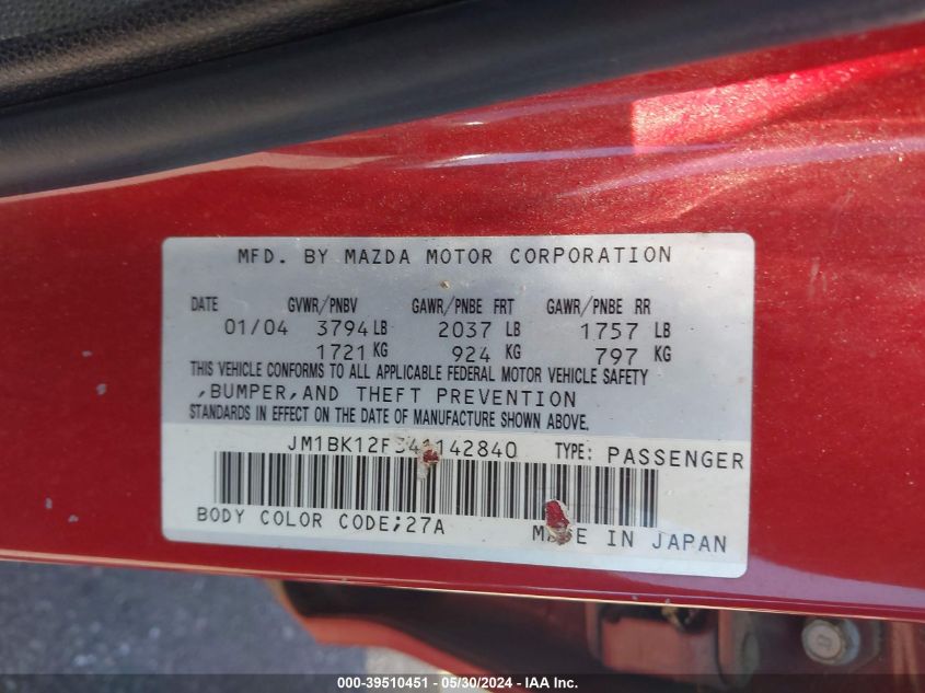 2004 Mazda Mazda3 I VIN: JM1BK12F341142840 Lot: 39510451