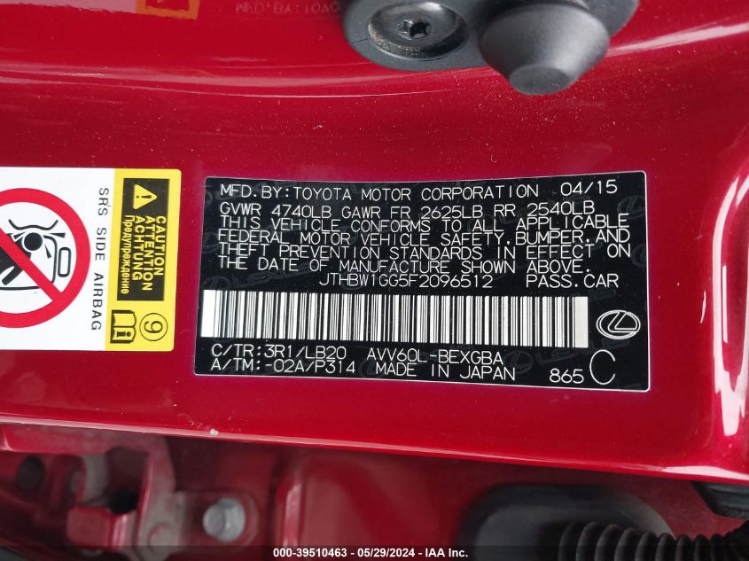 2015 Lexus Es 300H VIN: JTHBW1GG5F2096512 Lot: 39510463