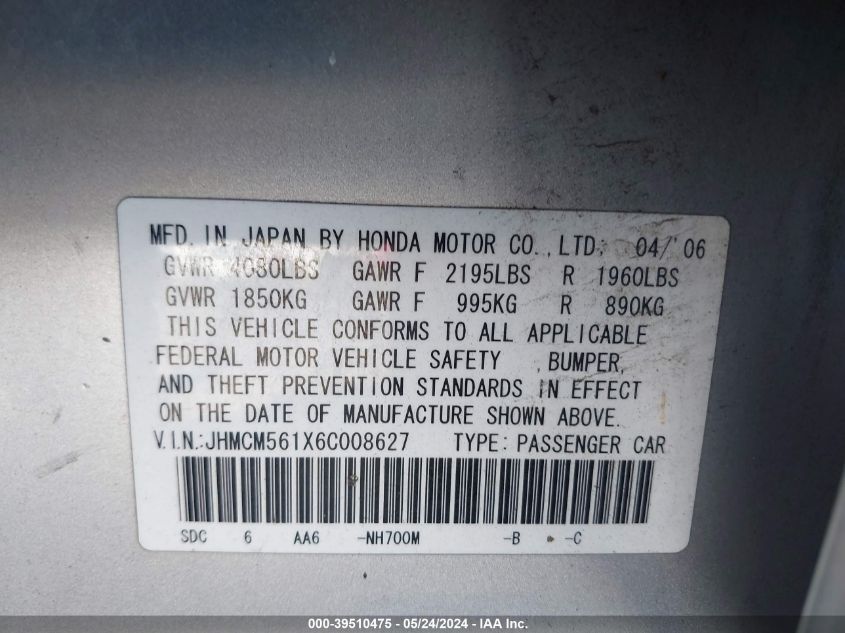 2006 Honda Accord 2.4 Vp VIN: JHMCM561X6C008627 Lot: 39510475