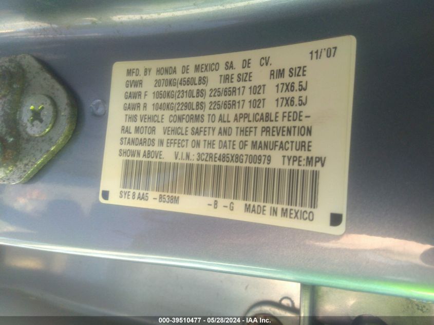 2008 Honda Cr-V Ex VIN: 3CZRE485X8G700979 Lot: 39510477