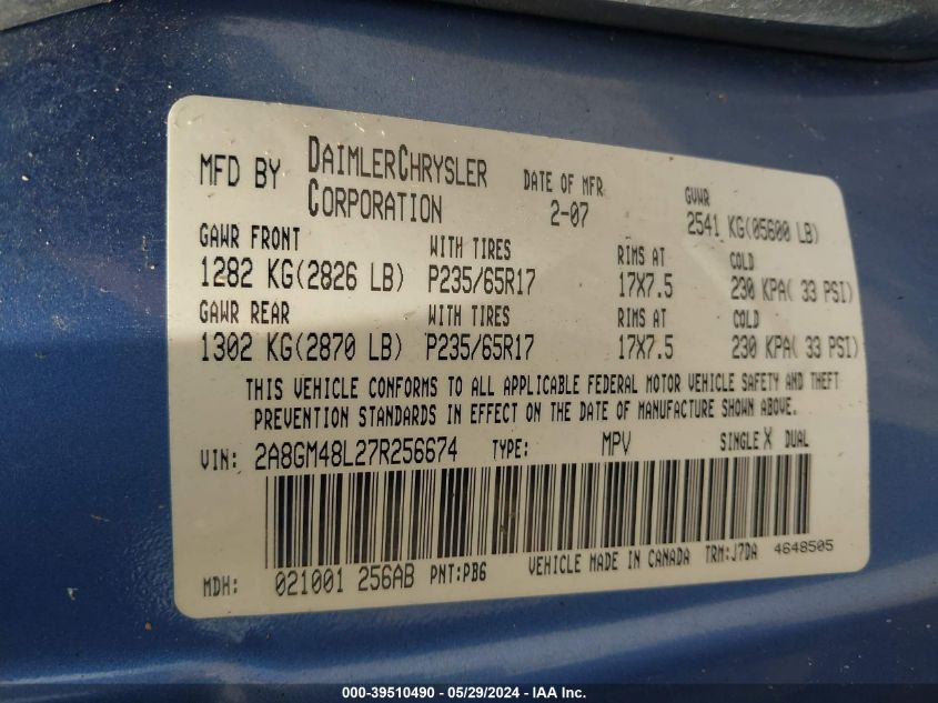 2007 Chrysler Pacifica VIN: 2A8GM48L27R256674 Lot: 39510490