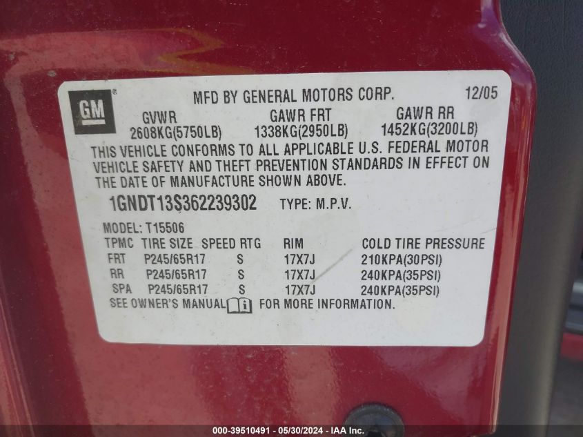 2006 Chevrolet Trailblazer Lt VIN: 1GNDT13S362239302 Lot: 39510491