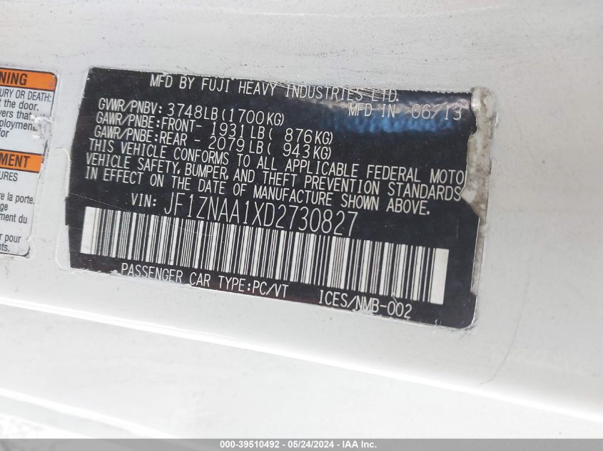 2013 Scion Fr-S VIN: JF1ZNAA1XD2730827 Lot: 39510492