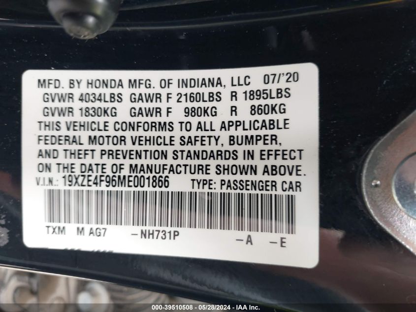 2021 Honda Insight Touring VIN: 19XZE4F96ME001866 Lot: 39510508