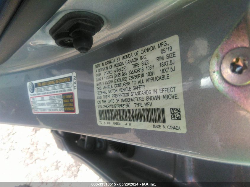 2019 Honda Cr-V Touring VIN: 2HKRW2H91KH631690 Lot: 39510515