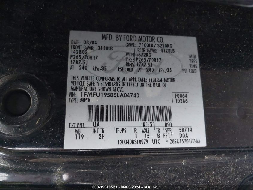 2005 Ford Expedition Limited VIN: 1FMFU19585LA04740 Lot: 39510523