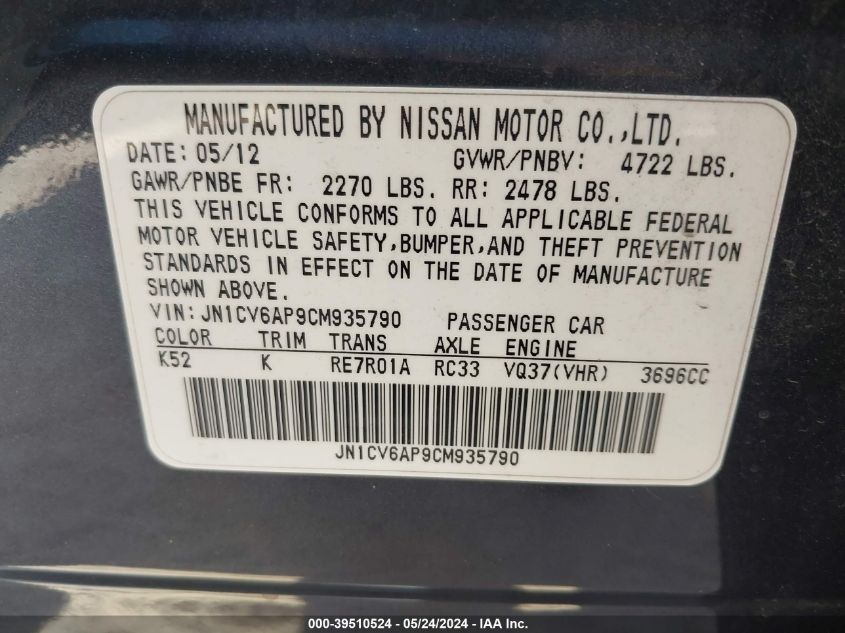 2012 Infiniti G37 Journey VIN: JN1CV6AP9CM935790 Lot: 39510524