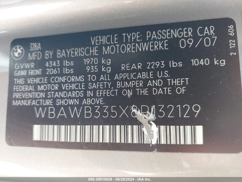 2008 BMW 328I VIN: WBAWB335X8P132129 Lot: 39510538