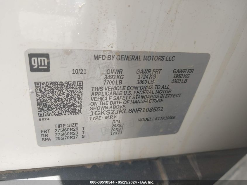 1GKS2JKL6NR108551 2022 GMC Yukon Xl 4Wd Denali