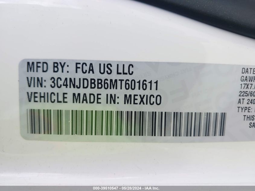 2021 Jeep Compass Latitude 4X4 VIN: 3C4NJDBB6MT601611 Lot: 39510547
