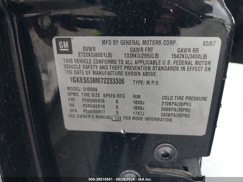 2007 GMC Envoy Denali VIN: 1GKES63M872233306 Lot: 39510551