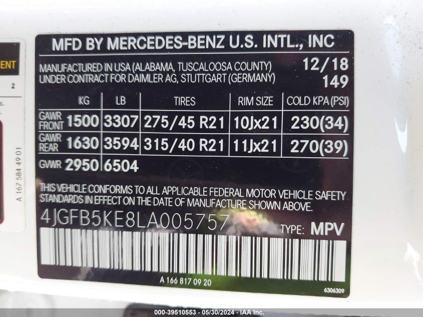 2020 Mercedes-Benz Gle 450 4Matic VIN: 4JGFB5KE8LA005757 Lot: 39510553