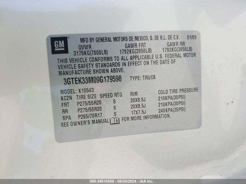 2009 GMC Sierra 1500 Slt VIN: 3GTEK33M09G179598 Lot: 39510558