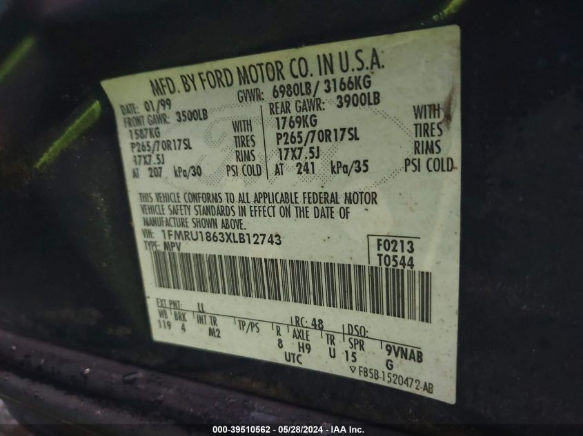 1999 Ford Expedition Xlt VIN: 1FMRU1863XLB12743 Lot: 39510562