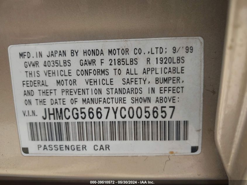 2000 Honda Accord 2.3 Ex VIN: JHMCG5667YC005657 Lot: 39510572