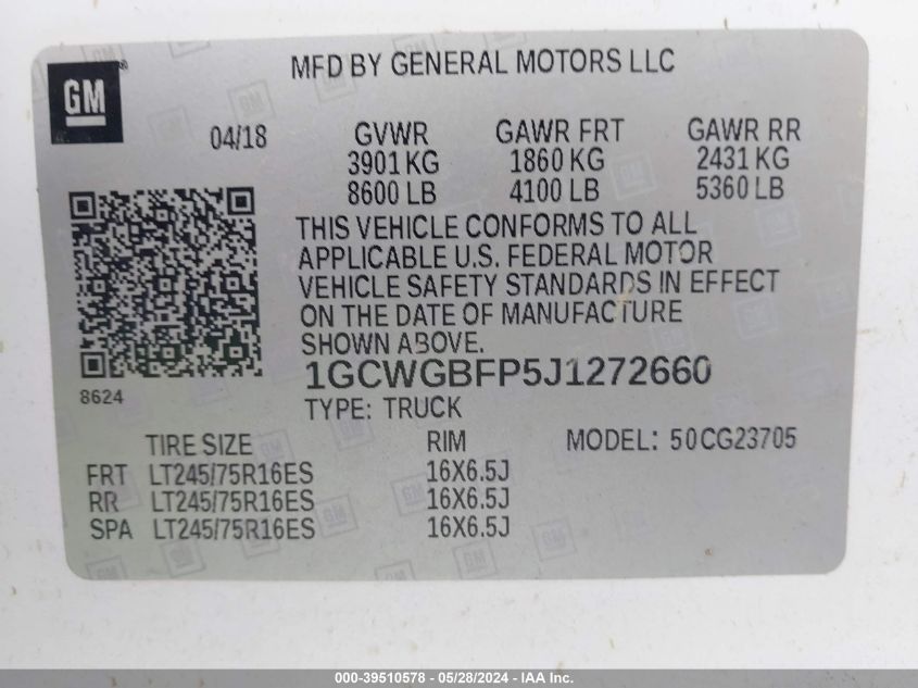 2018 Chevrolet Express 2500 Work Van VIN: 1GCWGBFP5J1272660 Lot: 39510578