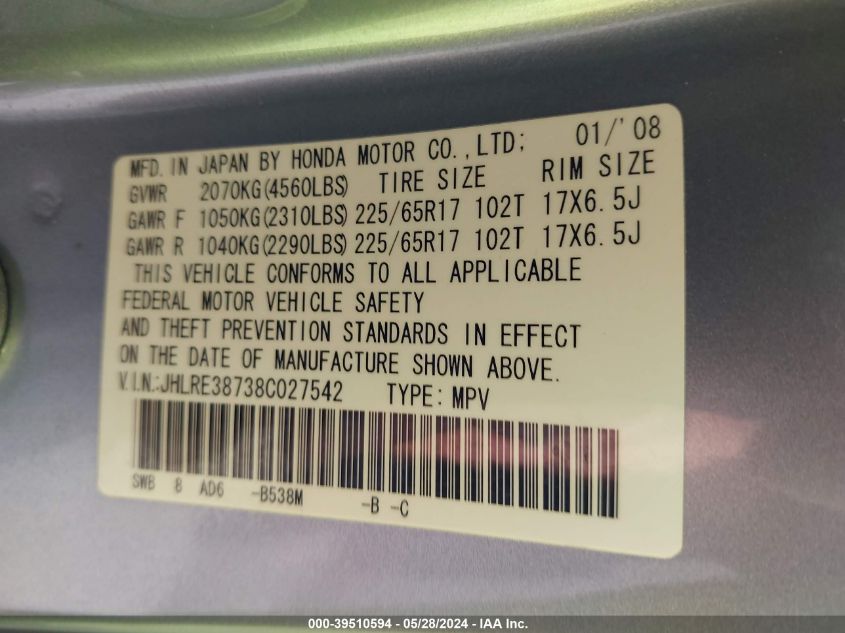 2008 Honda Cr-V Ex-L VIN: JHLRE38738C027542 Lot: 39510594