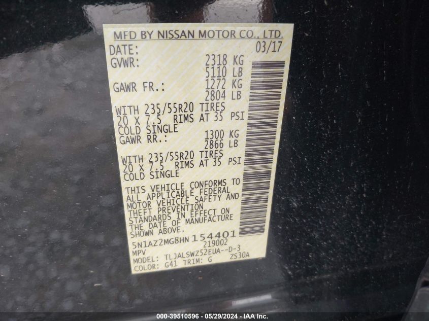 2017 Nissan Murano Platinum VIN: 5N1AZ2MG8HN154401 Lot: 39510596