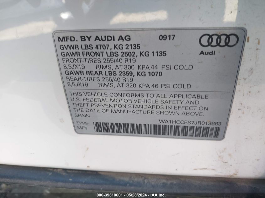 2018 Audi Q3 2.0T Premium/2.0T Sport Premium VIN: WA1HCCFS7JR013663 Lot: 39510601