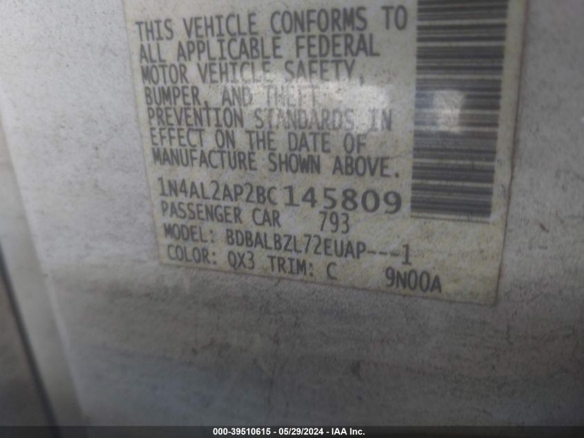 2011 Nissan Altima 2.5 S VIN: 1N4AL2AP2BC145809 Lot: 39510615