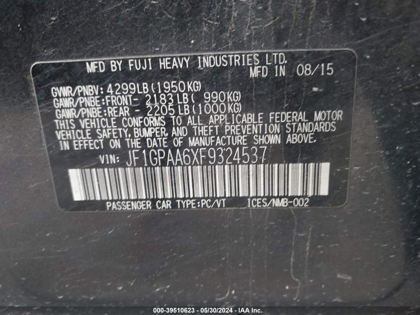 2015 Subaru Impreza 2.0I VIN: JF1GPAA6XF9324537 Lot: 39510623