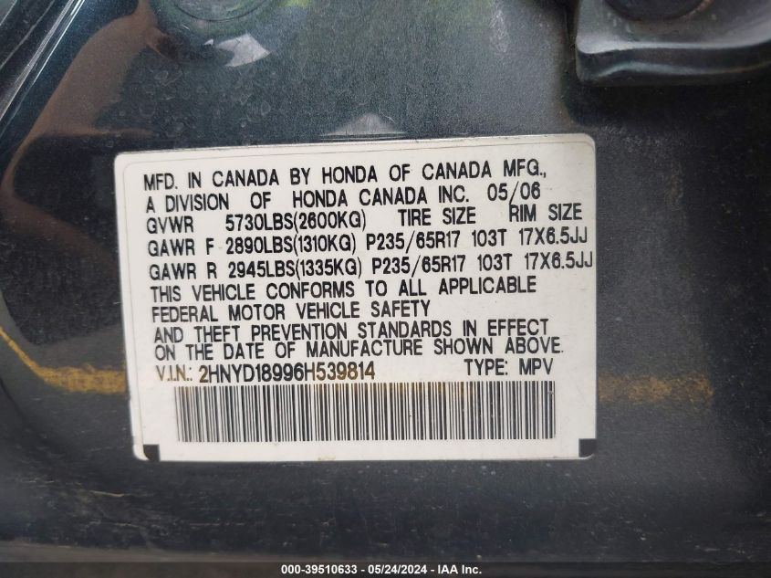 2006 Acura Mdx VIN: 2HNYD18996H539814 Lot: 39510633