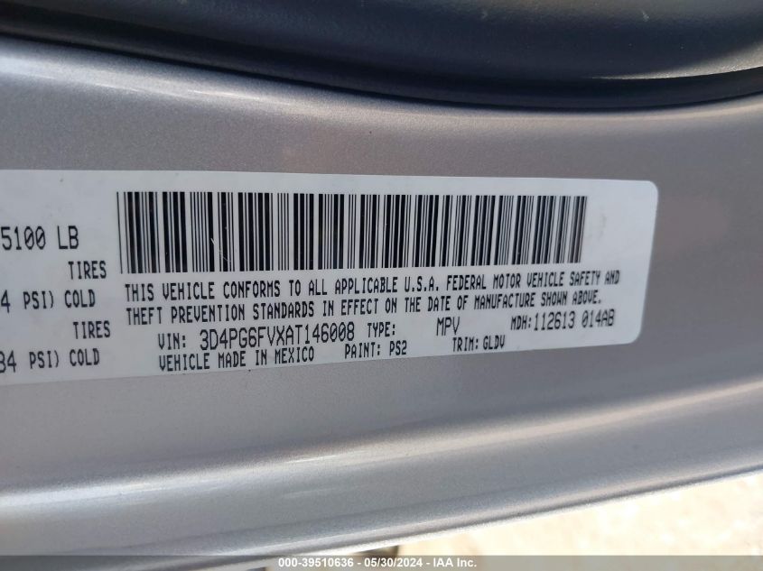 2010 Dodge Journey R/T VIN: 3D4PG6FVXAT146008 Lot: 39510636