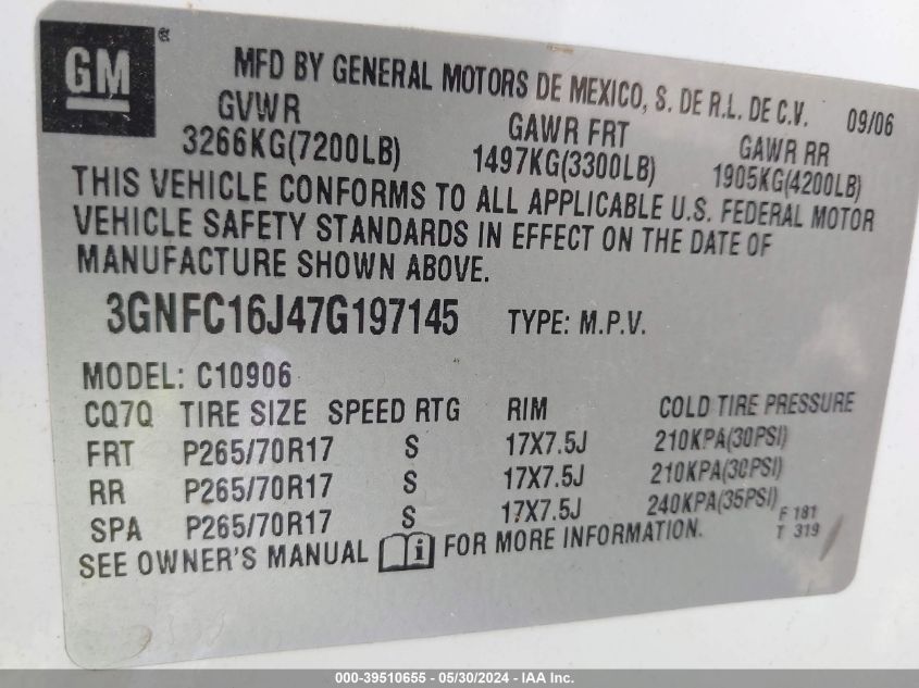 2007 Chevrolet Suburban 1500 Lt VIN: 3GNFC16J47G197145 Lot: 39510655