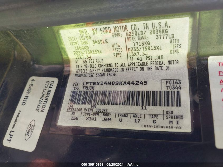 1995 Ford F150 VIN: 1FTEX14N0SKA44245 Lot: 39510656