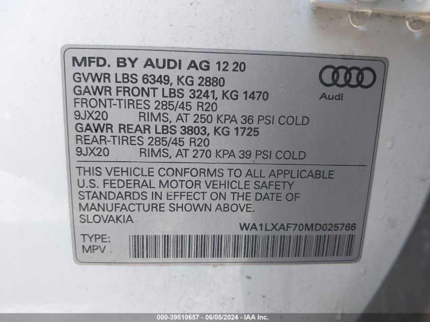 2021 Audi Q7 Premium Plus 55 Tfsi Quattro Tiptronic VIN: WA1LXAF70MD025766 Lot: 39510657