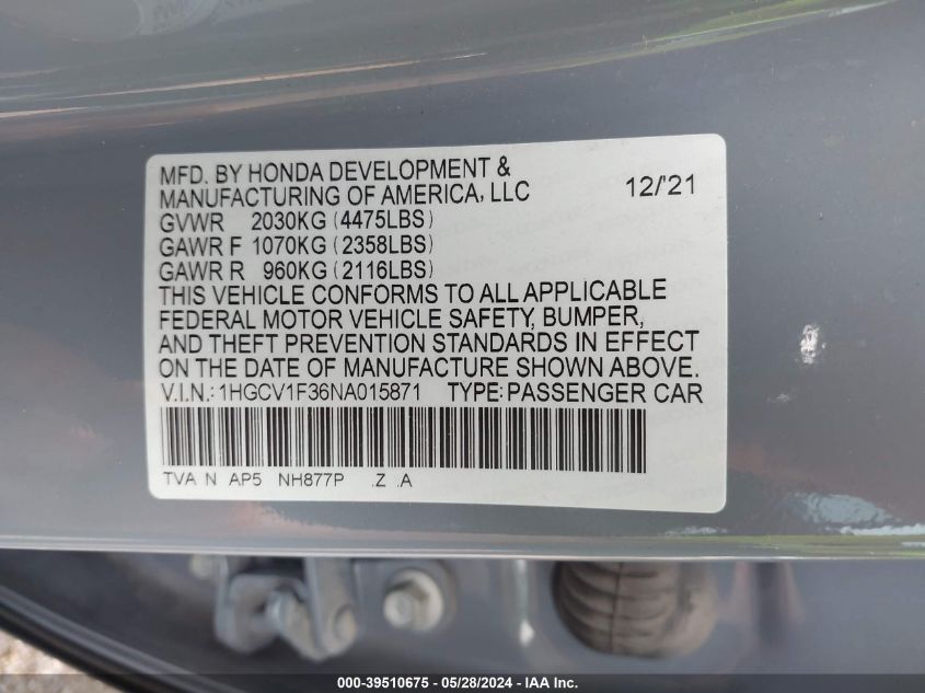 2022 Honda Accord Sport VIN: 1HGCV1F36NA015871 Lot: 39510675