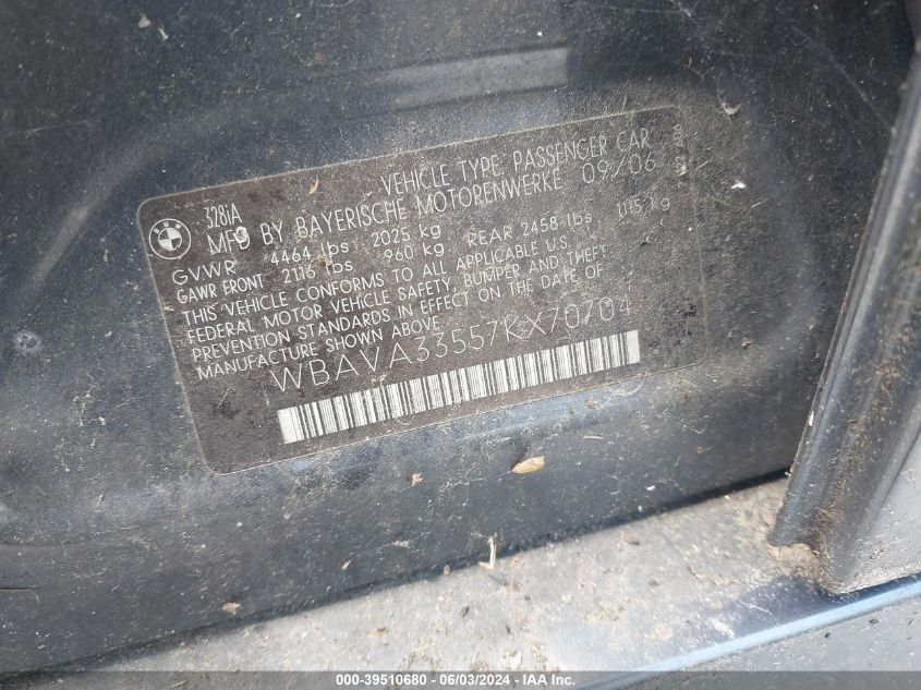 2007 BMW 328I VIN: WBAVA33557KX70704 Lot: 39510680