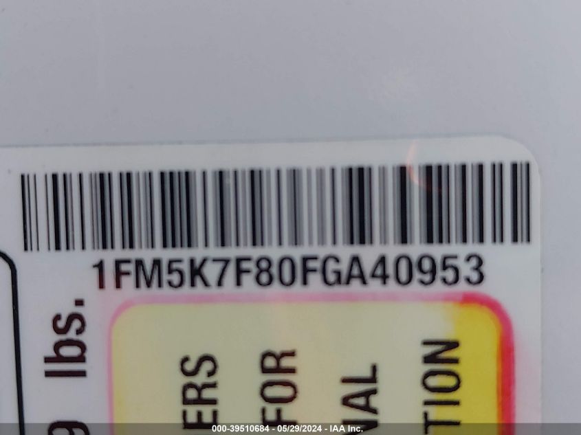 2015 Ford Explorer Limited VIN: 1FM5K7F80FGA40953 Lot: 39510684