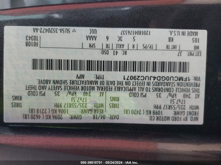 2018 Ford Escape Se VIN: 1FMCU0GD4JUC29071 Lot: 39510701