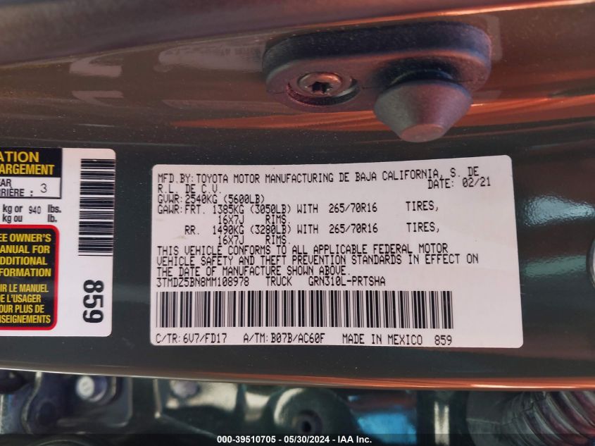 2021 Toyota Tacoma Trd Off-Road VIN: 3TMDZ5BN8MM108978 Lot: 39510705