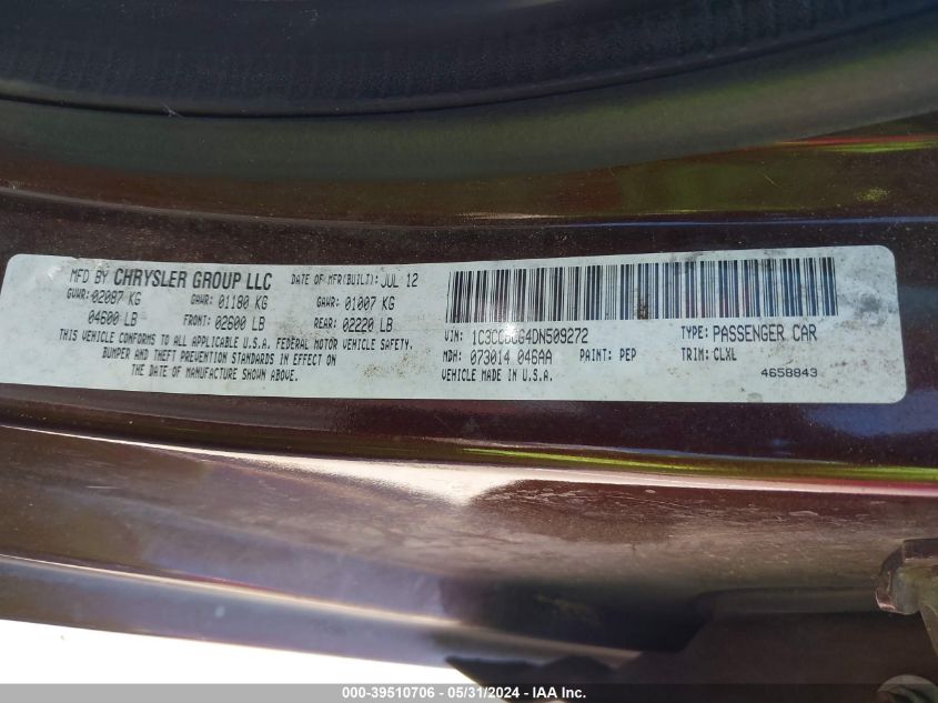 2013 Chrysler 200 Limited VIN: 1C3CCBCG4DN509272 Lot: 39510706
