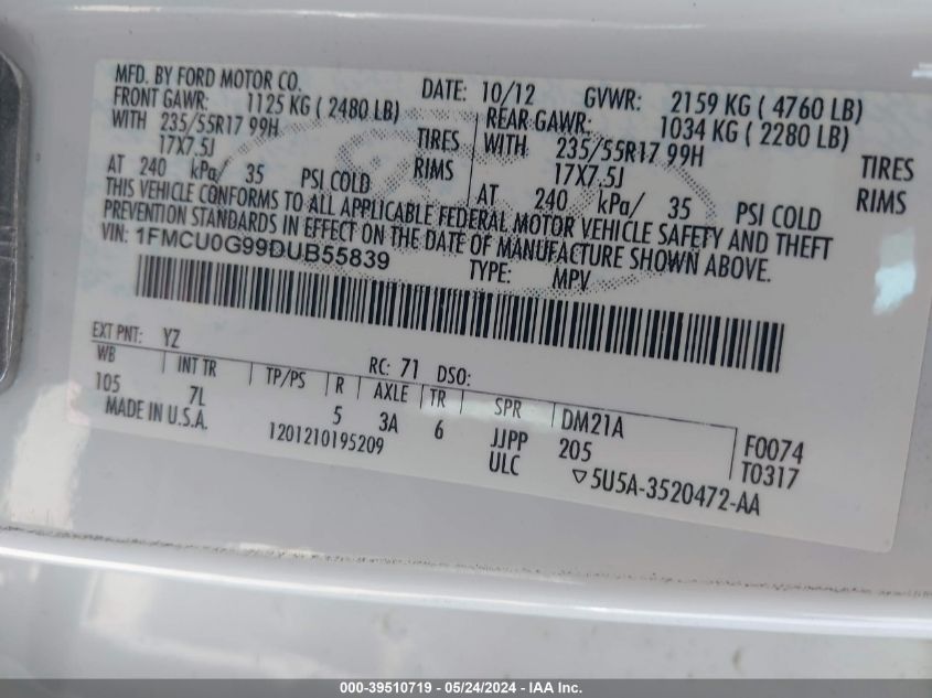 2013 Ford Escape Se VIN: 1FMCU0G99DUB55839 Lot: 39510719