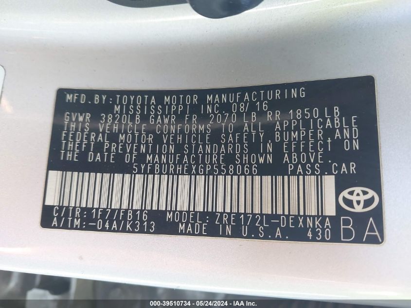 2016 Toyota Corolla Le VIN: 5YFBURHEXGP558066 Lot: 39510734