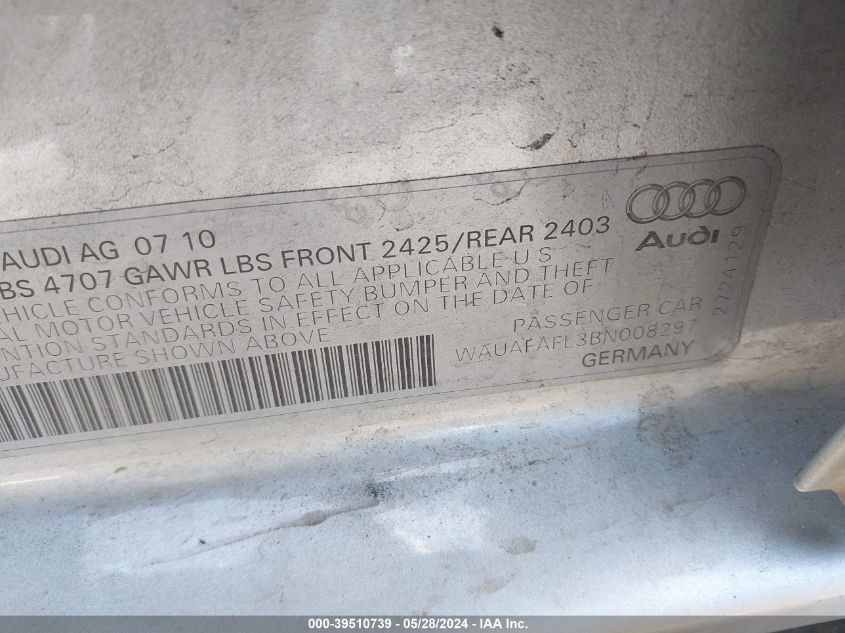 2011 Audi A4 2.0T Premium VIN: WAUAFAFL3BN008297 Lot: 39510739