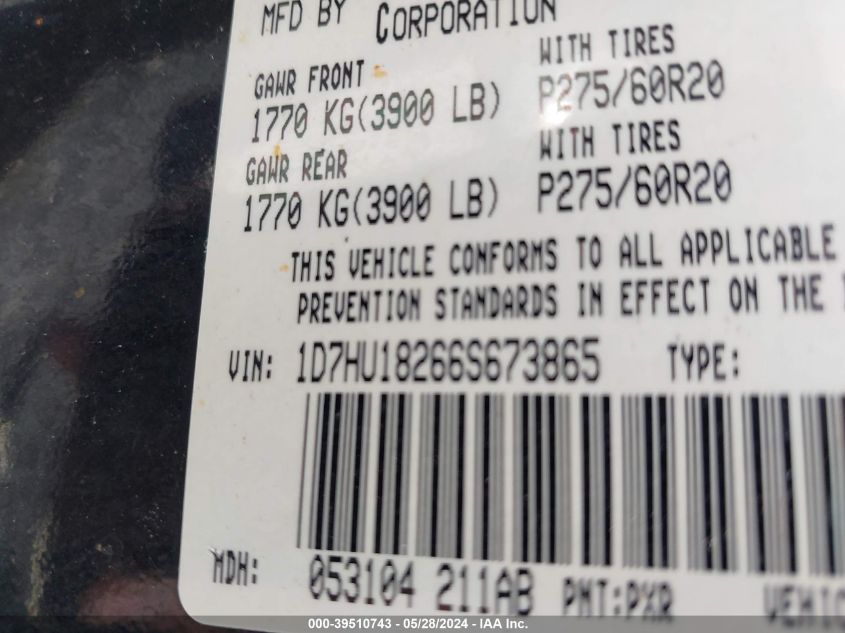 2006 Dodge Ram 1500 St/Slt VIN: 1D7HU18266S673865 Lot: 39510743