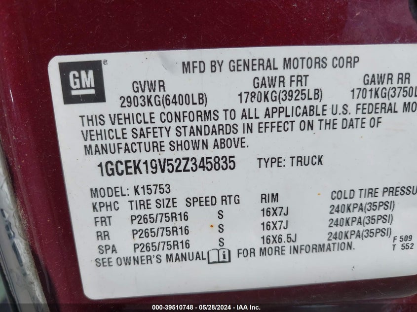 2002 Chevrolet Silverado 1500 Ls VIN: 1GCEK19V52Z345835 Lot: 39510748